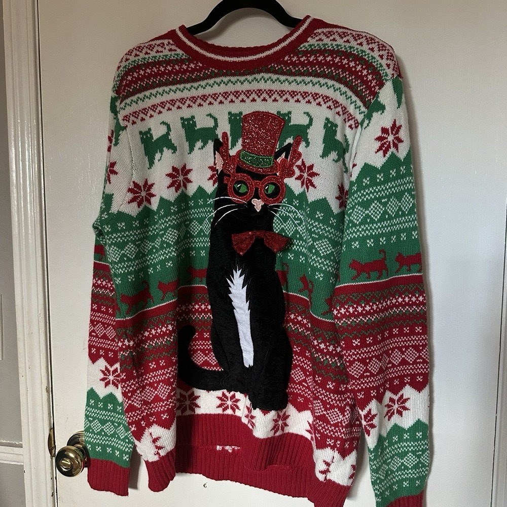 33 Degrees Ladies Christmas Sweater Cat‎ Embroidery Grandpa Core Holidays L
